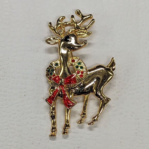 Vintage Gold-Tone Enamel Reindeer Brooch Pin With Red Bow & Wreath - Picture 1 of 2